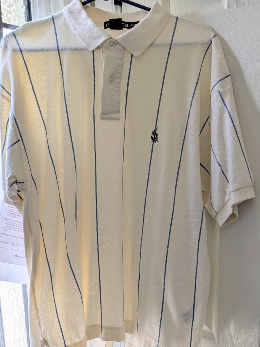 Nautica cream & blue vertical pin-striped pullover, short-sleeve polo shirt